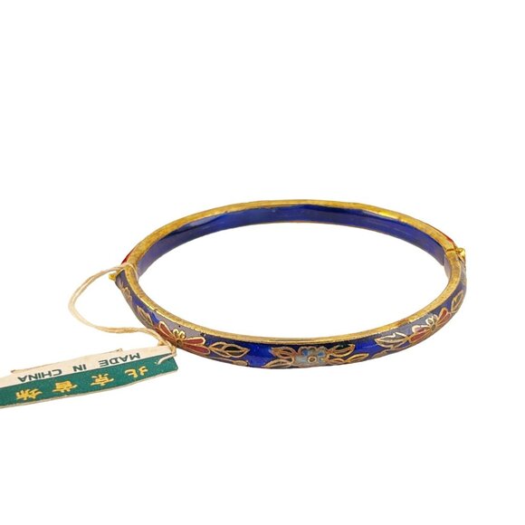 Chinese Export 1970s Enameled Cloisonne Cinnabar Hinged Bracelet Red Blue - Picture 2 of 4